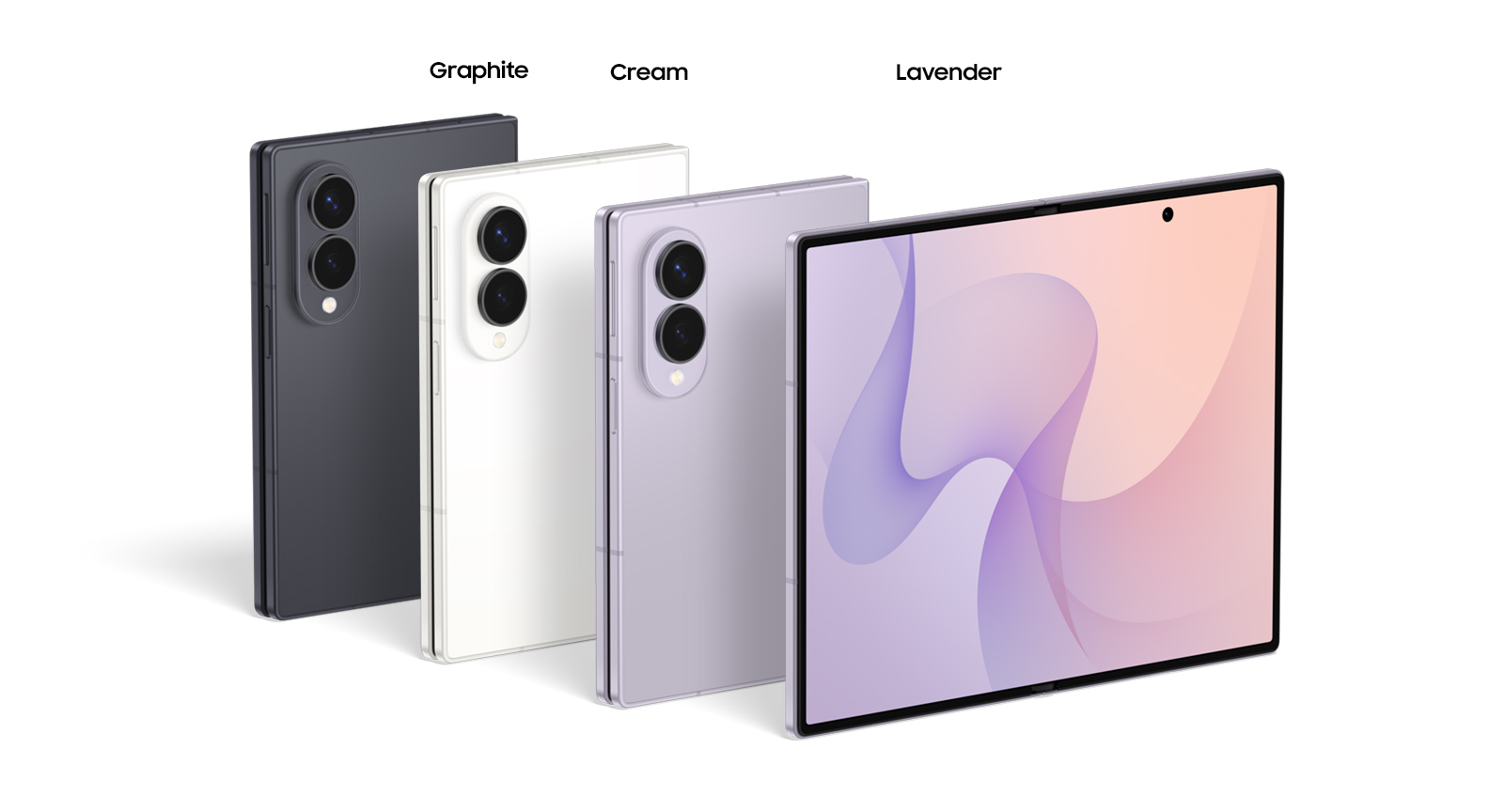 Samsung Galaxy Z Fold8 in graphite, cream en lavender, gesloten en geopend