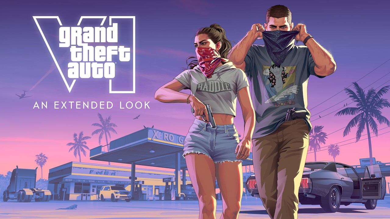 Jason en Lucia voor een tankstation in Leonida, officieel beeld van de presentatie Grand Theft Auto VI: An Extended Look