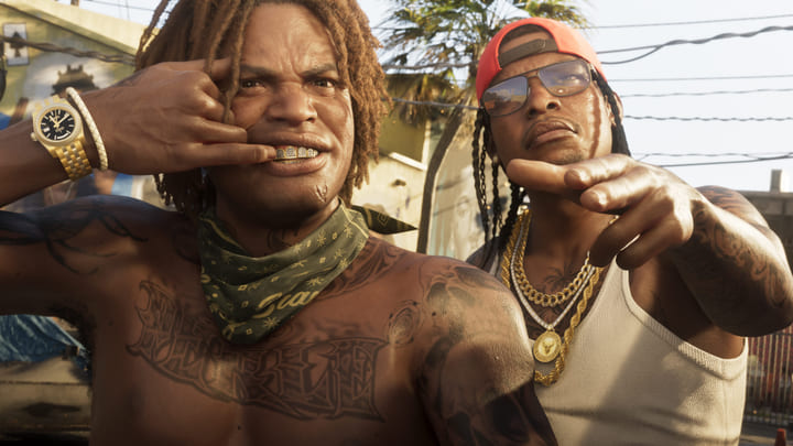 Twee personages uit Vice City, met tattoos, kettingen en een zonnebril