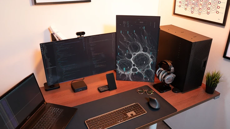 ALTERNATE Workstation AI setup met meerdere monitoren en AI-visualisatie van bovenaf