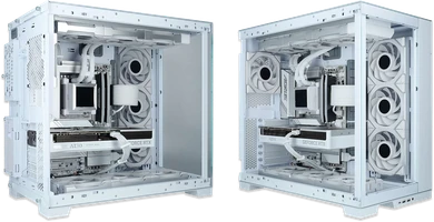 Twee witte ALTERNATE gaming pc's met glazen panelen en watercooling