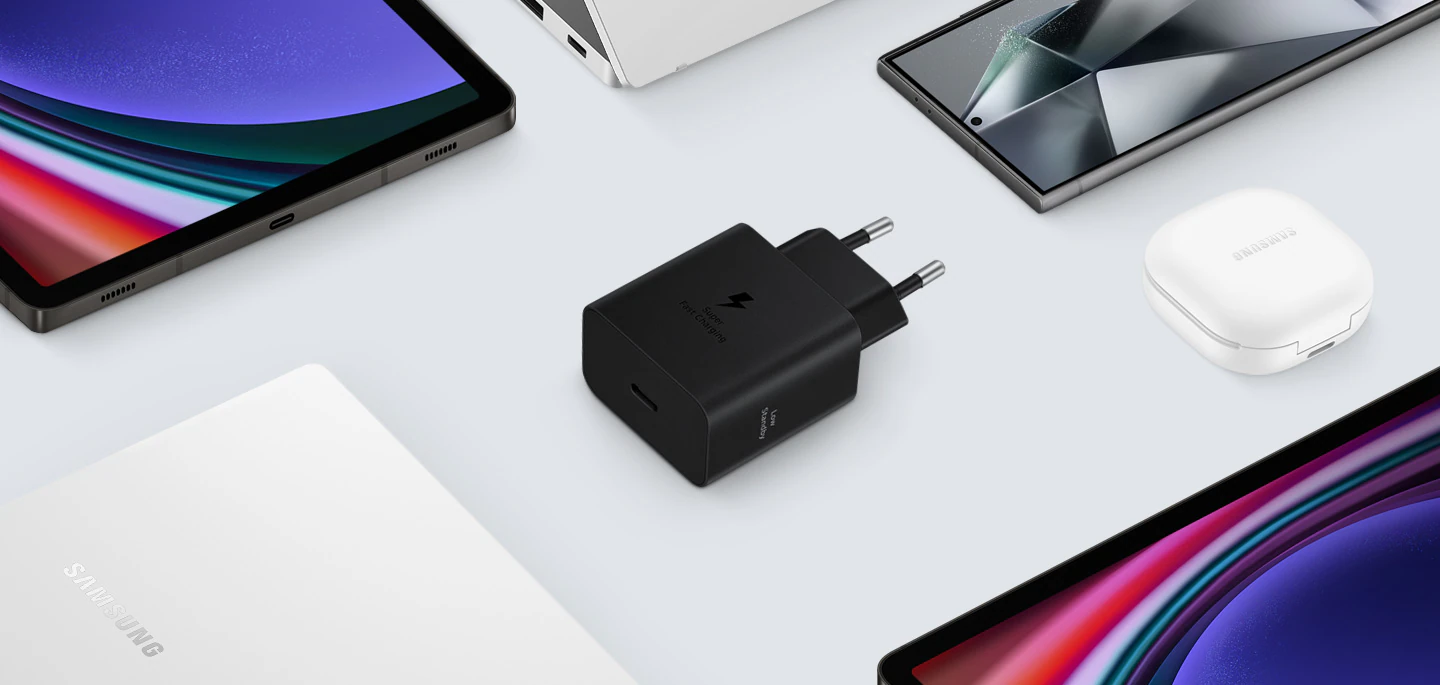 Samsung accessoires met snellader, Galaxy Buds, tablet en smartphones
