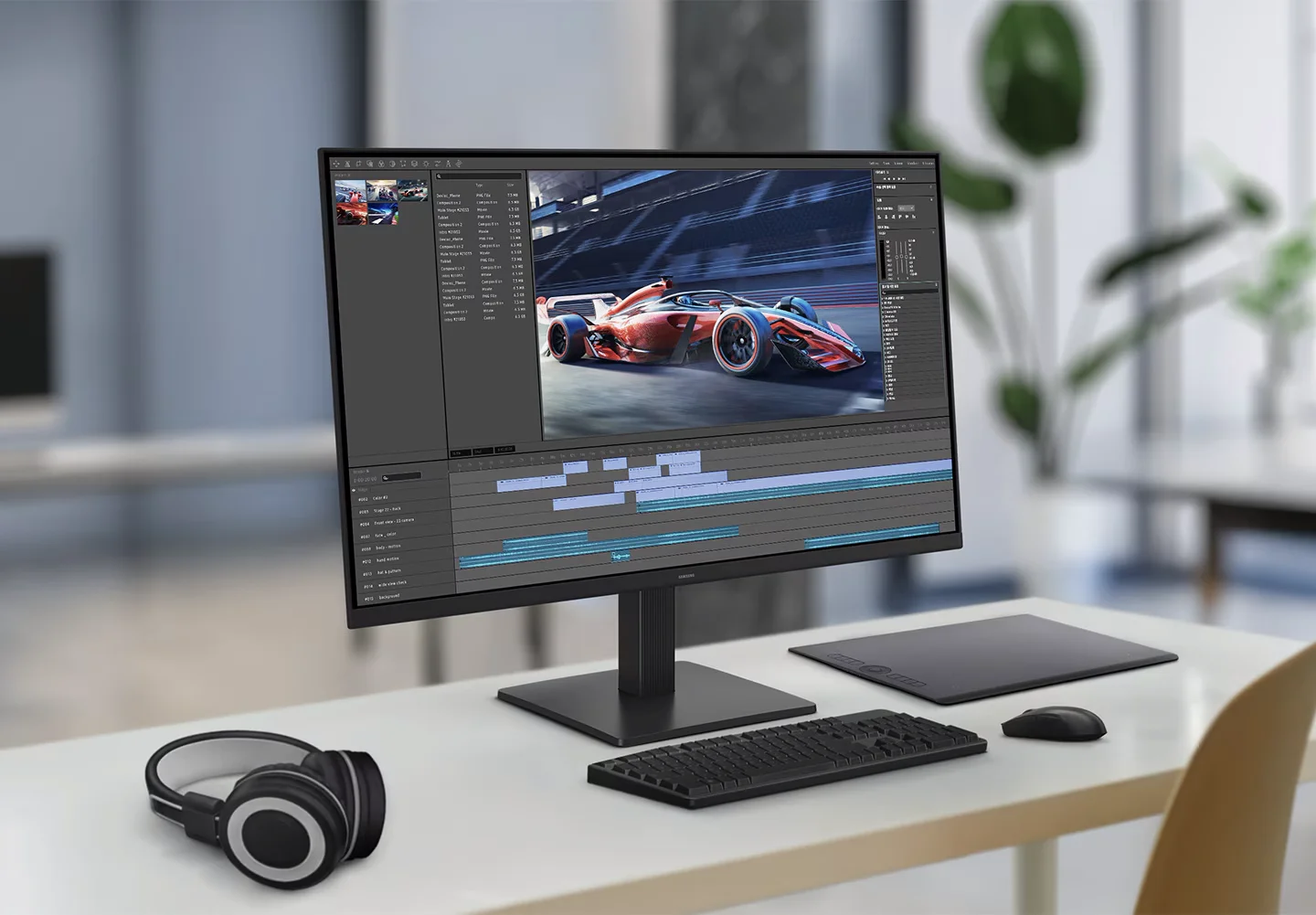 Samsung monitor op bureau met video-editing software, toetsenbord en muis