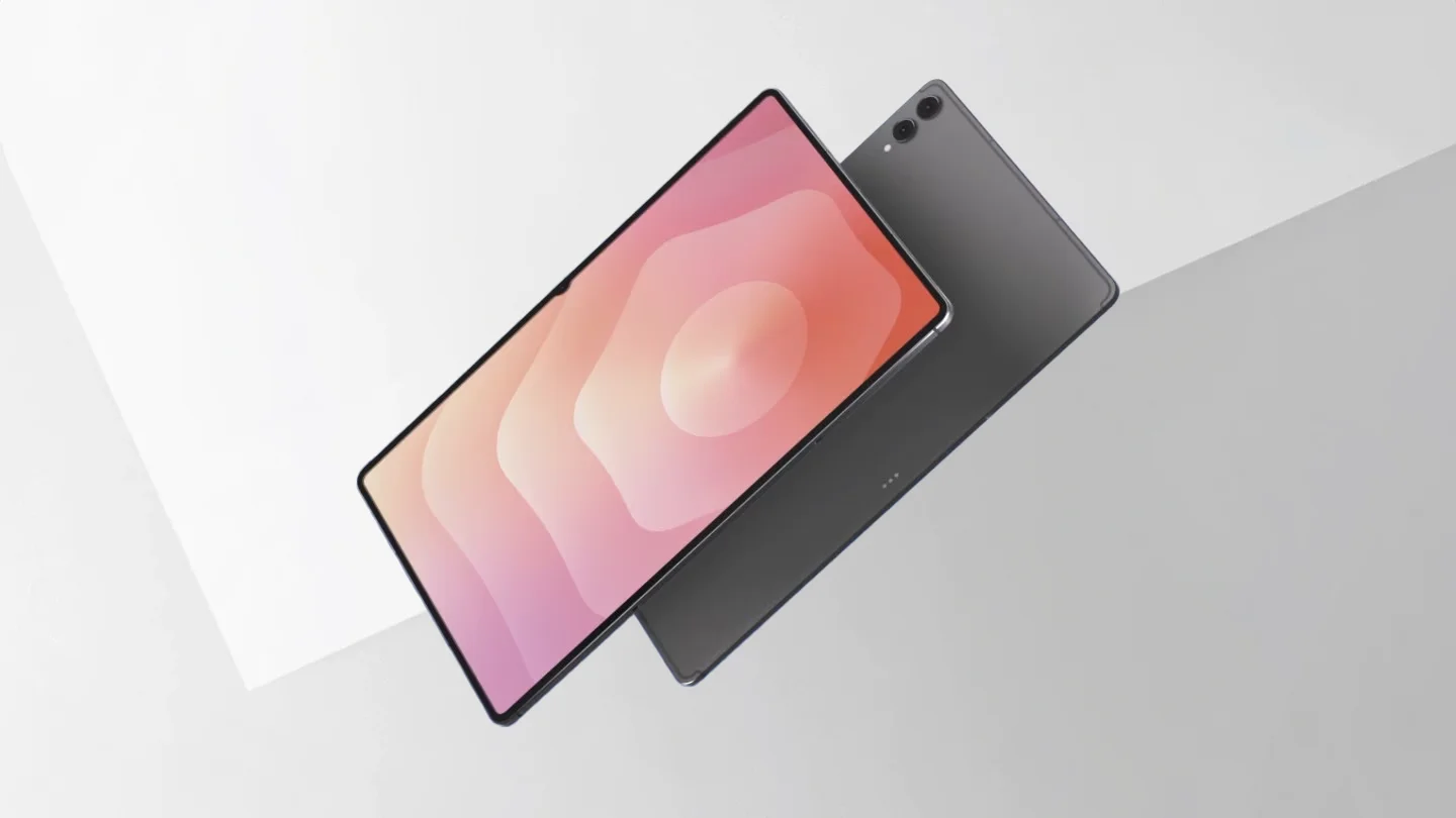 Samsung Galaxy Tab in grijs met roze scherm en dual camera