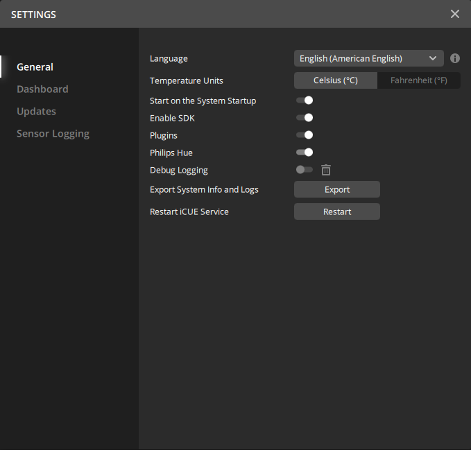 iCUE Settings iCUE settings