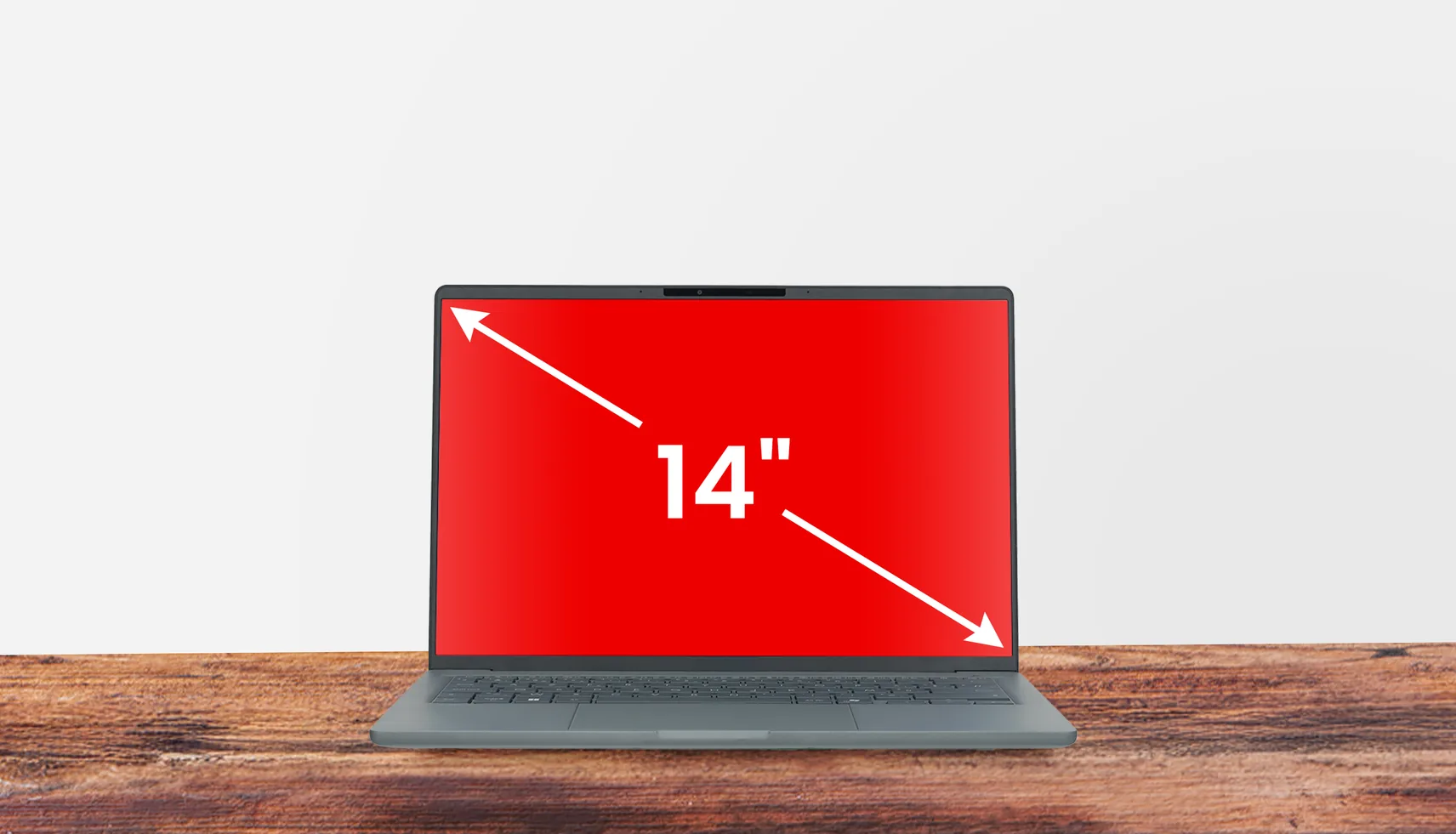 Compacte laptop met een pijl die de schermdiagonaal van 14 inch aanduidt