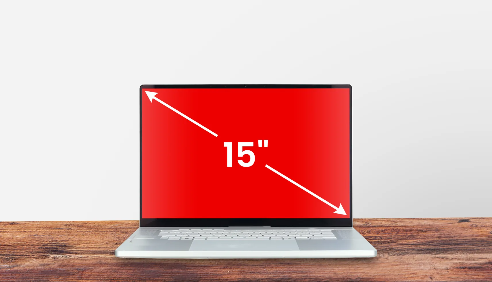 Laptop met een pijl die de schermdiagonaal van 15 inch aanduidt