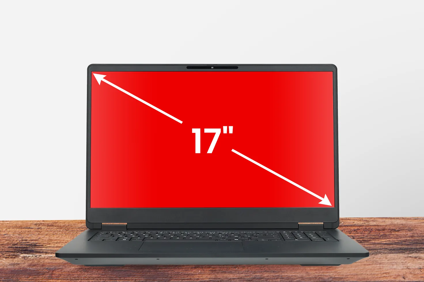 Grote laptop met een pijl die de schermdiagonaal van 17 inch aanduidt