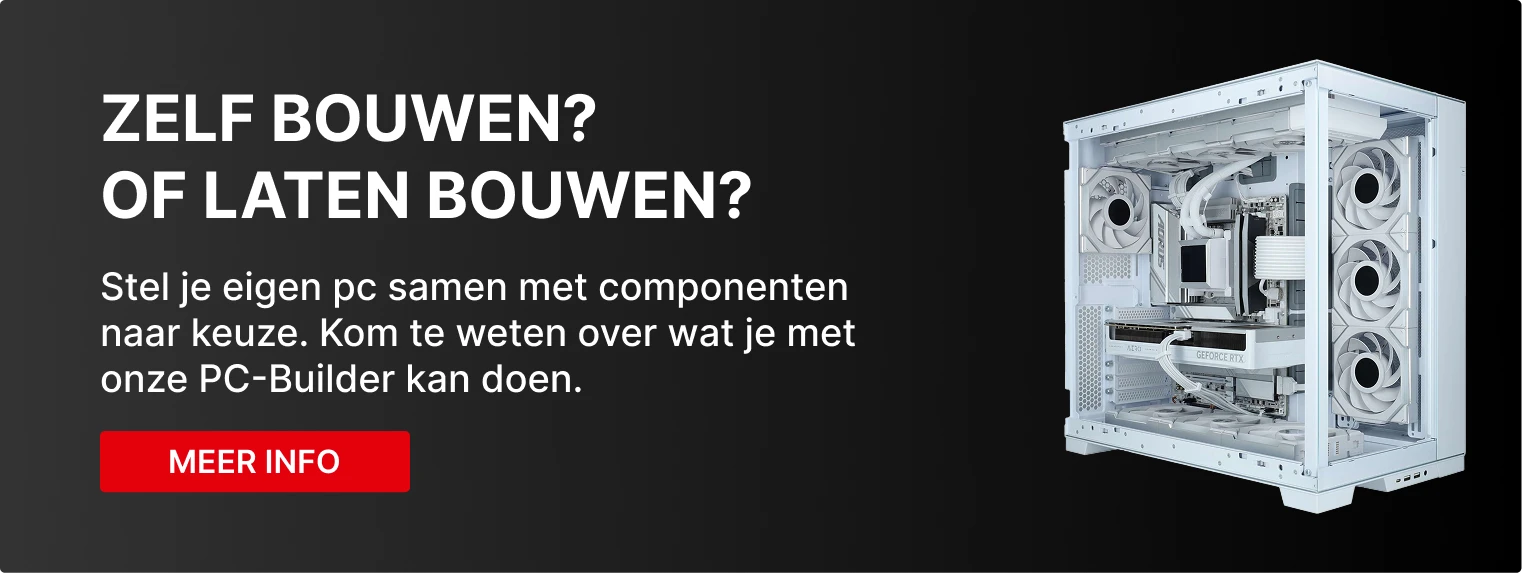 Zwarte banner met drie open high-end gaming pc's met zichtbare grafische kaarten en waterkoeling, met de tekst 'Zelf bouwen? Of laten bouwen? – Meer info'.