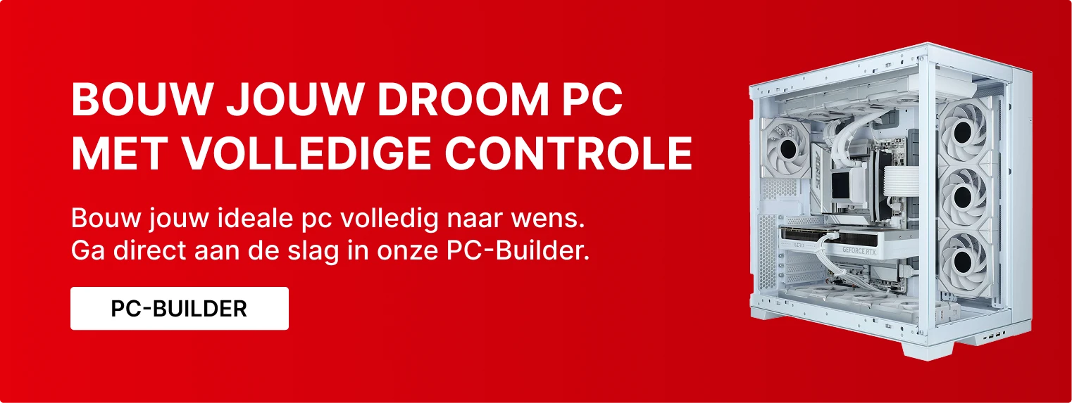 Zwarte banner met drie open high-end gaming pc’s met zichtbare grafische kaarten en waterkoeling, met de tekst ‘Zelf bouwen? Of laten bouwen? – Meer info’.