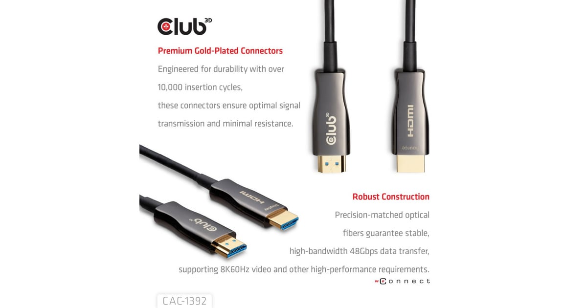 Club 3D HDMI hybride AOC kabel 8K60Hz/4K120Hz 30m Zwart
