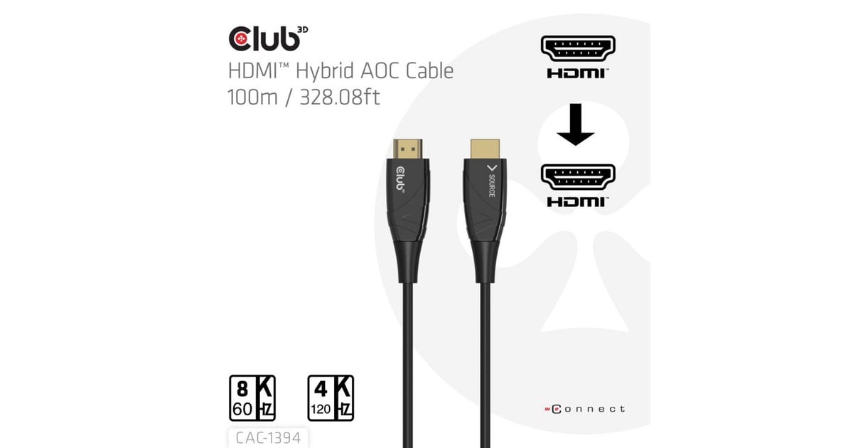 Club 3D HDMI Hybrid AOC Cable 8K60Hz/4K120Hz, 100 m kabel Zwart