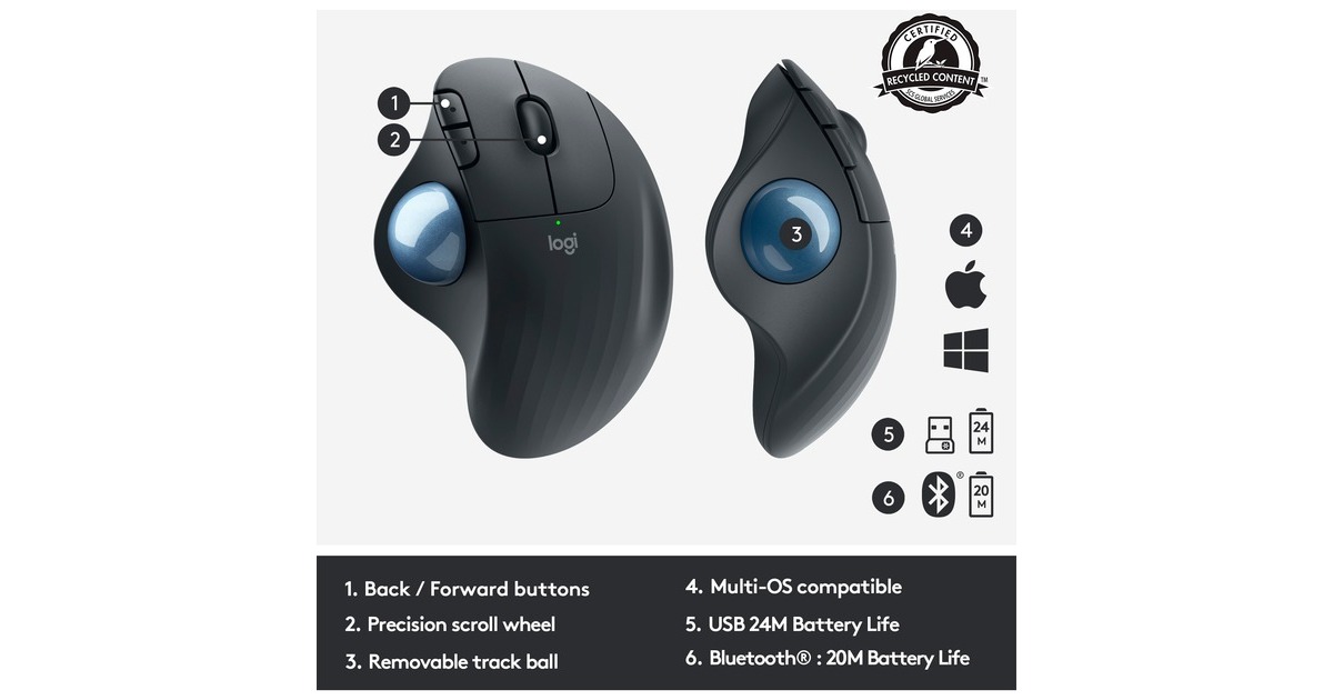 Logitech M575 ERGO Draadloze Trackball Muis Grafiet, 2,4 GHz, Bluetooth