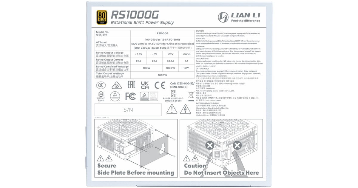 Lian Li Rotational Shift 1000G modulaire 1000 watt voeding Wit, 1x 12V ...
