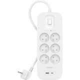 Belkin SurgePlus spanningsbeveiliger 6-voudige stekkerdoos met usb Wit, 6x stekker, 1x USB-C, 1x USB-A