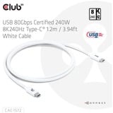 Club 3D USB-C 80Gbps Certified 240W 8k 240Hz kabel Wit, 1.2m