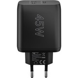 goobay 45W GaN USB-C PD Dual snellader Zwart, 1x USB-C, 1x USB-A
