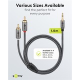 goobay Plus 3,5 mm jack naar 2x stereo RCA (Tulp) adapterkabel Zwart/zilver, 1 meter