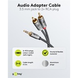 goobay Plus 3,5 mm jack naar 2x stereo RCA (Tulp) adapterkabel Zwart/zilver, 1 meter
