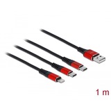 DeLOCK USB-oplaadkabel 3-in-1 USB-A naar Lightning + 2x USB C Zwart/rood