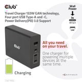 Club 3D Travel Charger 132W GAN technology Zwart, USB-A, USB-C, Power Delivery (PD) 3.0