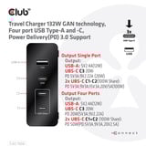 Club 3D Travel Charger 132W GAN technology Zwart, USB-A, USB-C, Power Delivery (PD) 3.0