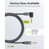 goobay Plus Audio 3,5 mm aux stereoverbindingskabel 90° Zwart/zilver, 1 meter