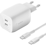 Belkin BoostCharge Pro 2-poorts USB-C GaN-wandlader met PPS, 65 W + USB-C/USB-C-kabel Wit