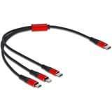 DeLOCK 3-in-1 USB-oplaadkabel - USB-C naar Lightning + Micro-USB + USB-C Zwart/rood, 0,3 meter