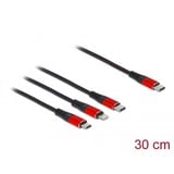 DeLOCK 3-in-1 USB-oplaadkabel - USB-C naar Lightning + Micro-USB + USB-C Zwart/rood, 0,3 meter