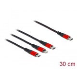 DeLOCK USB-oplaadkabel 3-in-1 USB-C naar Lightning + Micro USB + USB-C Zwart/rood, 0.3 m