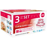 Emsa Clip & Close Glazen vershoudbakjes doos Transparant/rood, rechthoekig, 3-delig