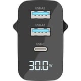 Sitecom 30W GaN Power Delivery oplader met led-scherm Zwart, 1x USB-C, 2x USB-A