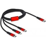 DeLOCK USB-oplaadkabel 3-in-1 USB-C naar Lightning + Micro USB + USB-C Zwart/rood, 1 m