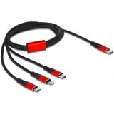 DeLOCK USB-oplaadkabel 3-in-1 USB-C naar Lightning + Micro USB + USB-C Zwart/rood, 1 meter