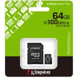 Kingston Canvas Select Plus 64 GB MicroSDXC geheugenkaart Zwart, UHS-I U1, Class 10, V10, Incl. SD Adapter