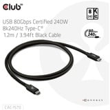 Club 3D USB-C 80Gbps Certified 240W 8k 240Hz kabel Zwart, 1.2m