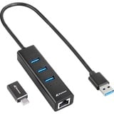 Sharkoon 3-Port USB 3.2 Gen 1 Aluminium Hub + RJ45 Ethernet Adapter dockingstation Zwart