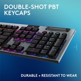 Logitech G915 X LIGHTSPEED Low-Profile Wireless Gaming Keyboard Zwart, US-International lay-out (QWERTY), GL Tactile, 100%, Double-Shot PBT, RGB, LIGHTSPEED draadloos / Bluetooth / USB-C