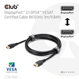 Club 3D Displayport 2.1 VESA DP54 gecertificeerde kabel male-male Zwart, 3 meter, 4K 240Hz, 8K 120Hz, 54Gbps