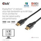 Club 3D Displayport 2.1 VESA DP80 gecertificeerde kabel male-male Zwart, 2 meter, 8K 240Hz, 10K 60Hz, 80Gbps