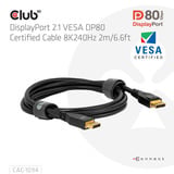 Club 3D Gecertificeerde Displayport 2.1 VESA DP80 kabel Zwart, 2 meter, 8K 240Hz, 10K 60Hz, 80Gbps