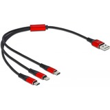DeLOCK USB-oplaadkabel 3-in-1 USB-A naar Lightning + 2x USB-C Zwart/rood, 0.3 m