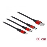 DeLOCK USB-oplaadkabel 3-in-1 USB-A naar Lightning + 2x USB-C Zwart/rood, 0,3 meter