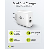 goobay 65W GaN USB-C PD Dual snellader Wit, 1x USB-C, 1x USB-A