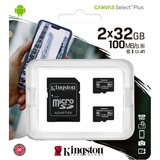Kingston Canvas Select Plus microSD Card 32 GB 2-pack geheugenkaart Zwart, 2 stuks, SDCS2/32GB-2P1A, Class 10 UHS-I A1, Incl. Adapter