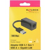 DeLOCK SuperSpeed USB-A (USB 3.1 Gen 1) male > Gigabit LAN 10/100/1000 Mbps compact adapter Zwart, 12,7 centimeter