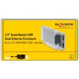 DeLOCK Externe dubbele behuizing voor 2x 2,5" SATA HDD/SSD externe behuizing Transparant, 42622