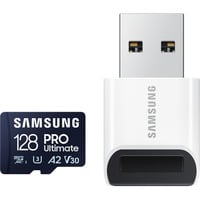 SAMSUNG PRO Ultimate 128 GB microSDXC geheugenkaart Blauw, UHS-I U3, Class 3, V30, Incl. kaartlezer