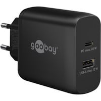 goobay 65W GaN USB-C PD Dual snellader Zwart, 1x USB-C, 1x USB-A